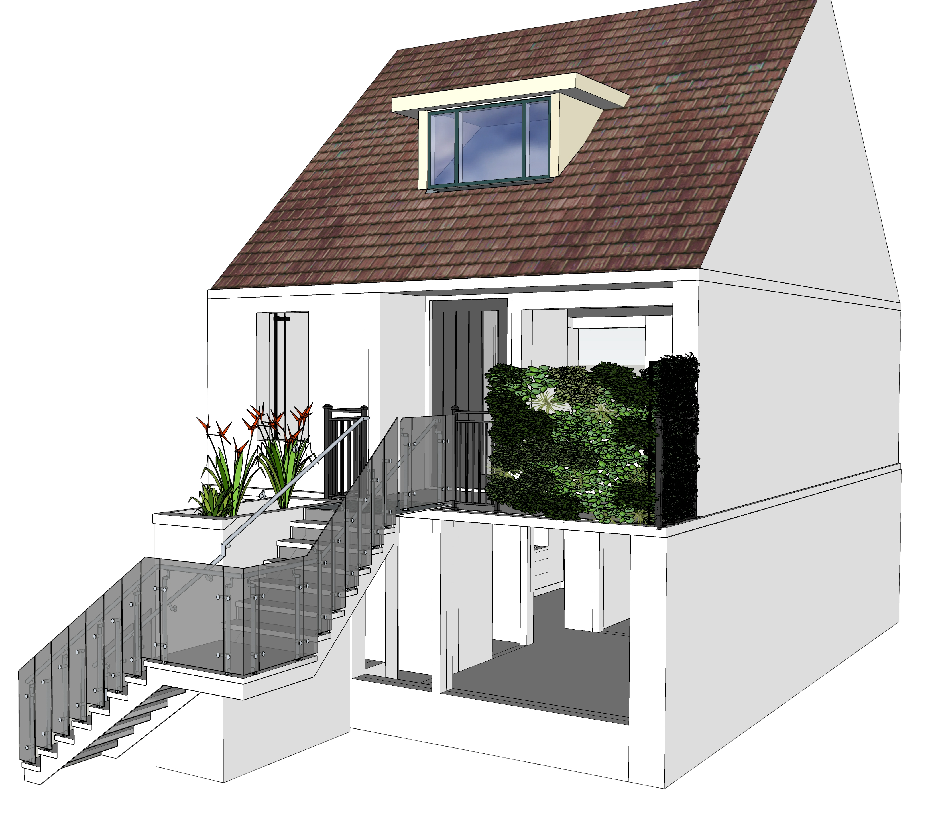 3D-ontwerp van een aangepaste middenwoning met aparte toegang